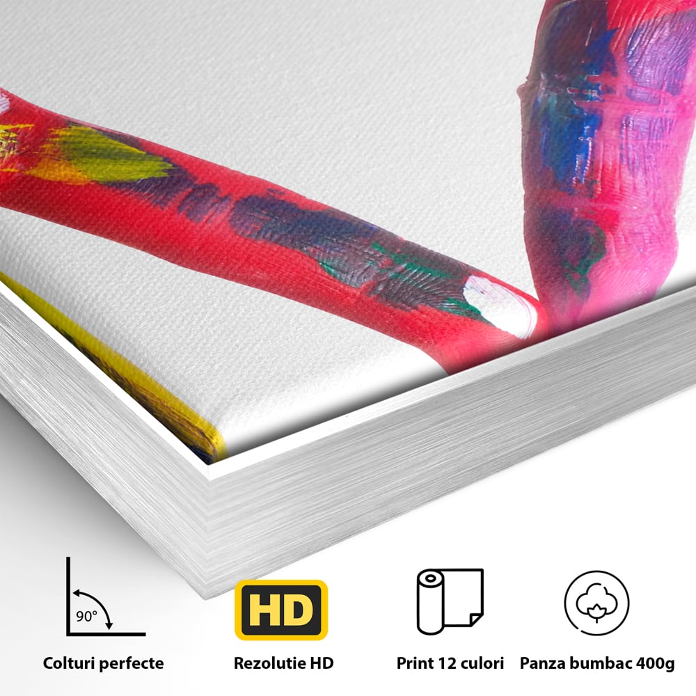 Detaliu al suprafetei: pictura cu maini colorate formand o inima, in rama de aluminiu argintiu