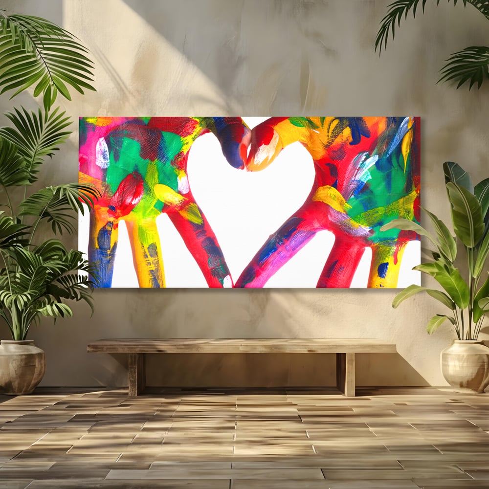 Tablou canvas cu pictura cu maini colorate formand o inima, fara rama, pe sasiu de lemn