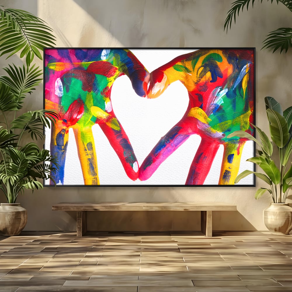 Tablou canvas cu pictura cu maini colorate formand o inima, in rama de aluminiu negru