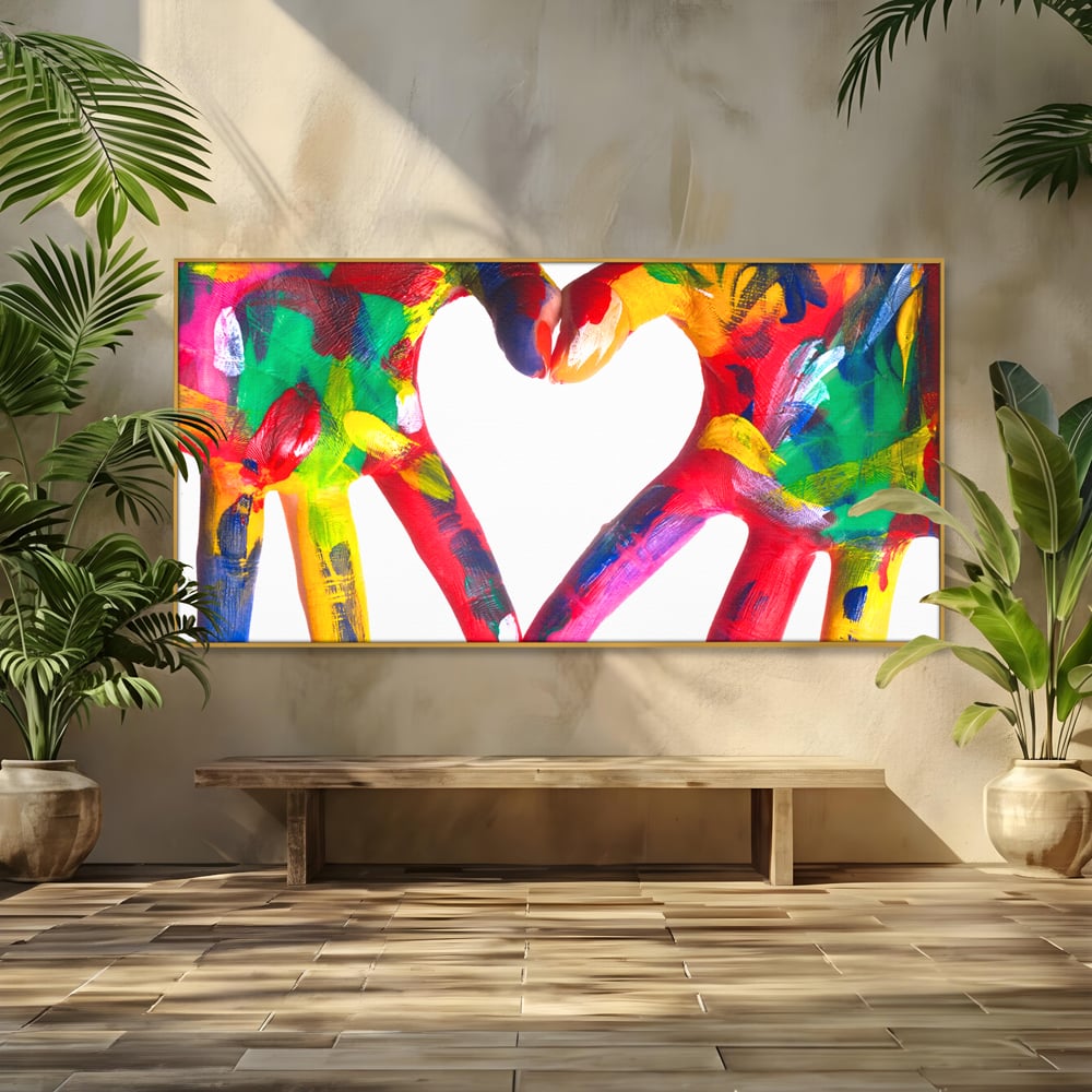 Tablou canvas cu pictura cu maini colorate formand o inima, in rama de aluminiu auriu