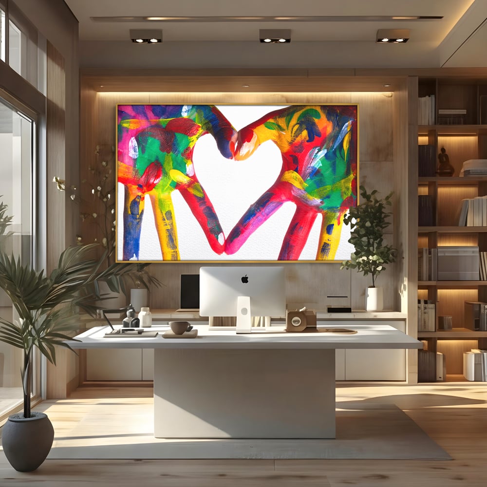 Tablou canvas cu pictura cu maini colorate formand o inima, in rama de aluminiu auriu, pe perete intr-un birou