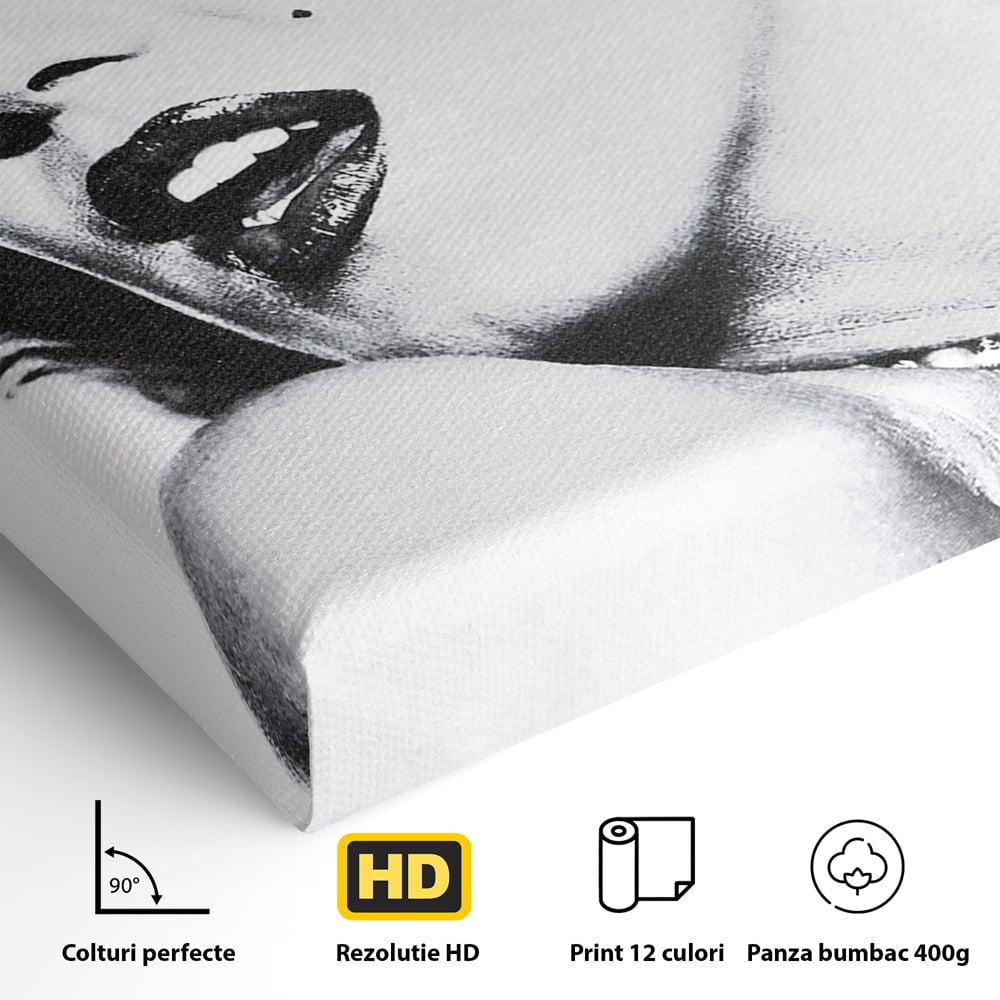 Detaliu al suprafetei: tablou canvas cu marilyn monroe alb negru, fara rama, pe sasiu de lemn