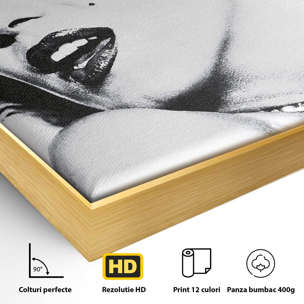 Detaliu al suprafetei: tablou canvas cu marilyn monroe alb negru, in rama de aluminiu auriu