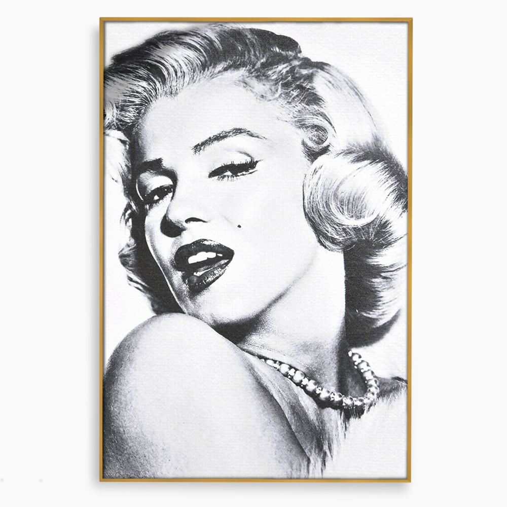 Tablou canvas cu tablou canvas cu marilyn monroe alb negru, in rama de aluminiu auriu
