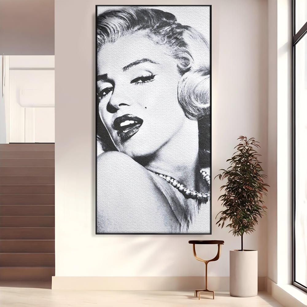 Tablou canvas cu tablou canvas cu marilyn monroe alb negru, in rama de aluminiu negru