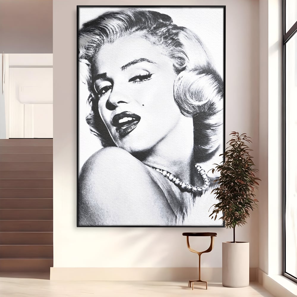 Tablou canvas cu tablou canvas cu marilyn monroe alb negru, in rama de aluminiu negru
