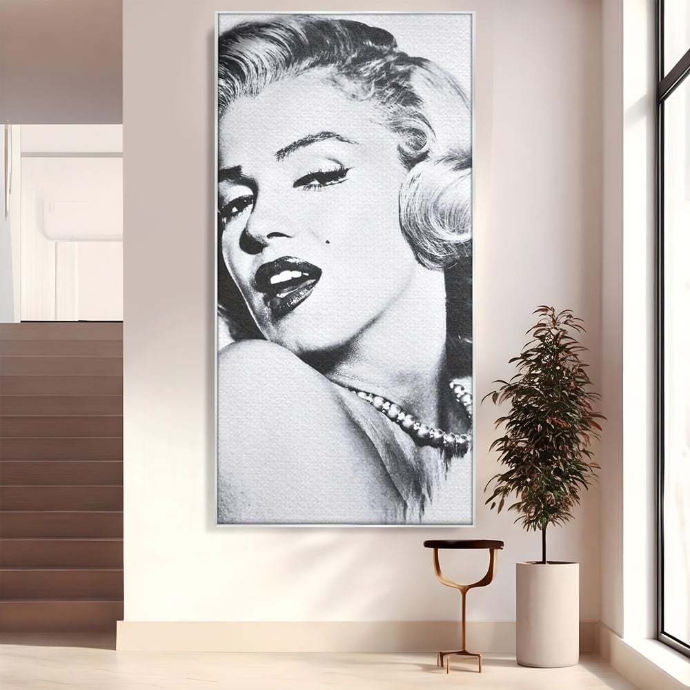 Tablou canvas cu tablou canvas cu marilyn monroe alb negru, in rama de aluminiu argintiu