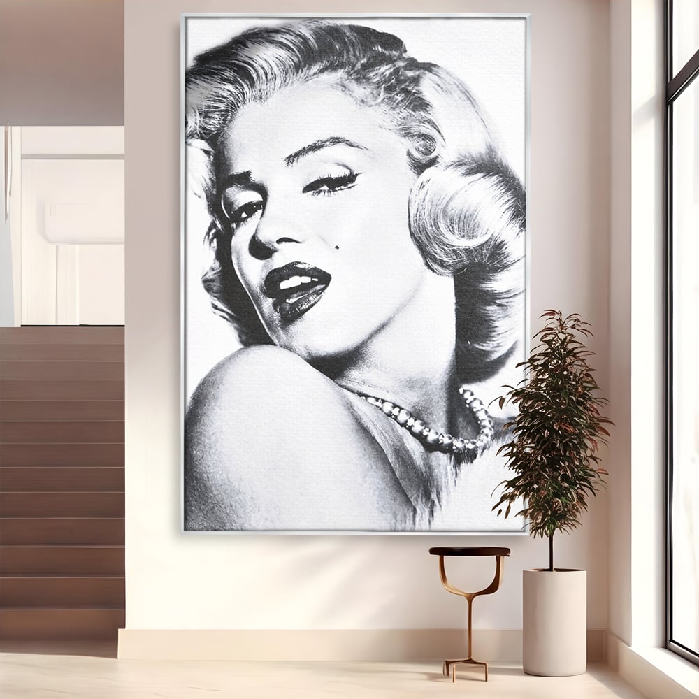 Tablou canvas cu tablou canvas cu marilyn monroe alb negru, in rama de aluminiu argintiu