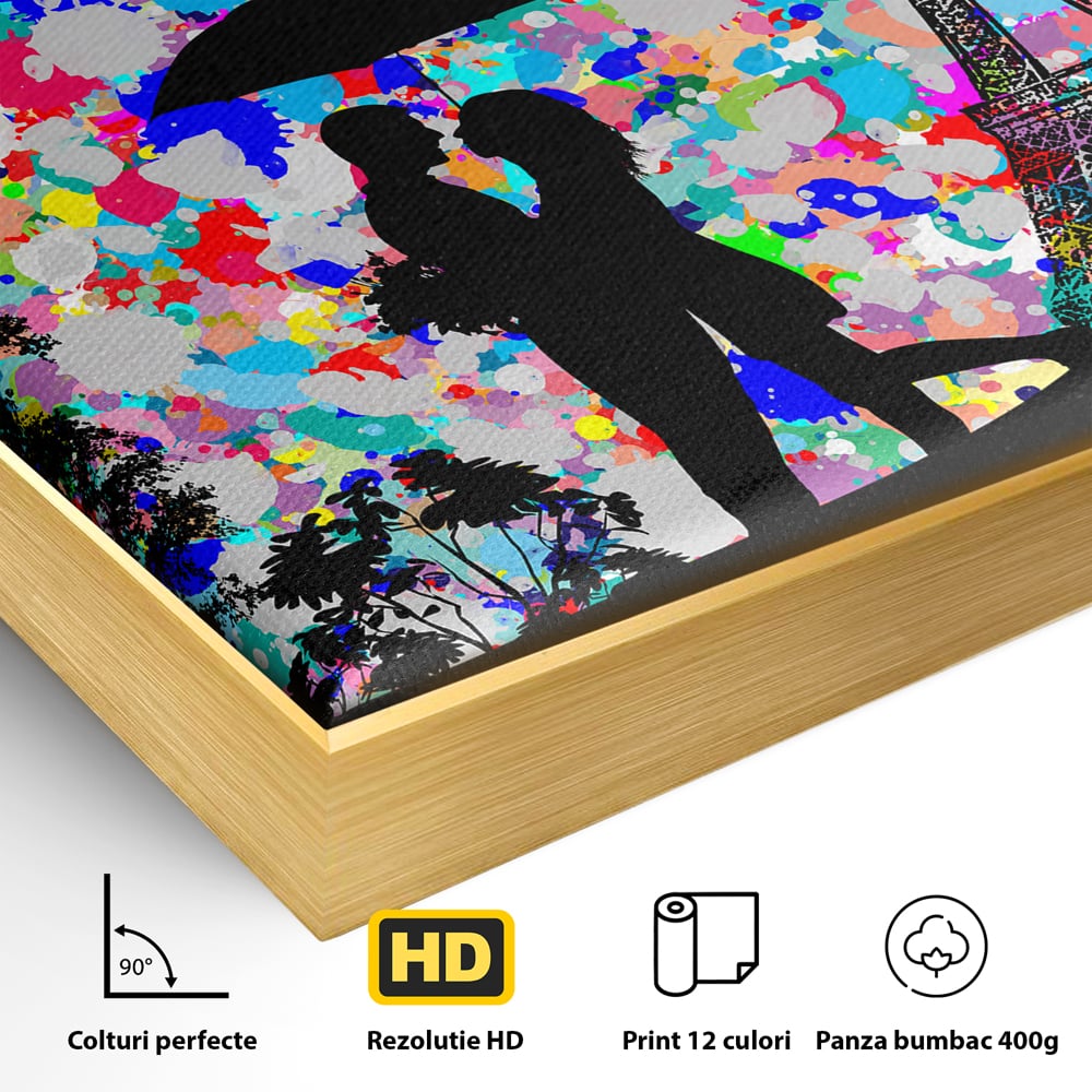 Detaliu al suprafetei: tablou canvas cu indragostiti la paris, in rama de aluminiu auriu