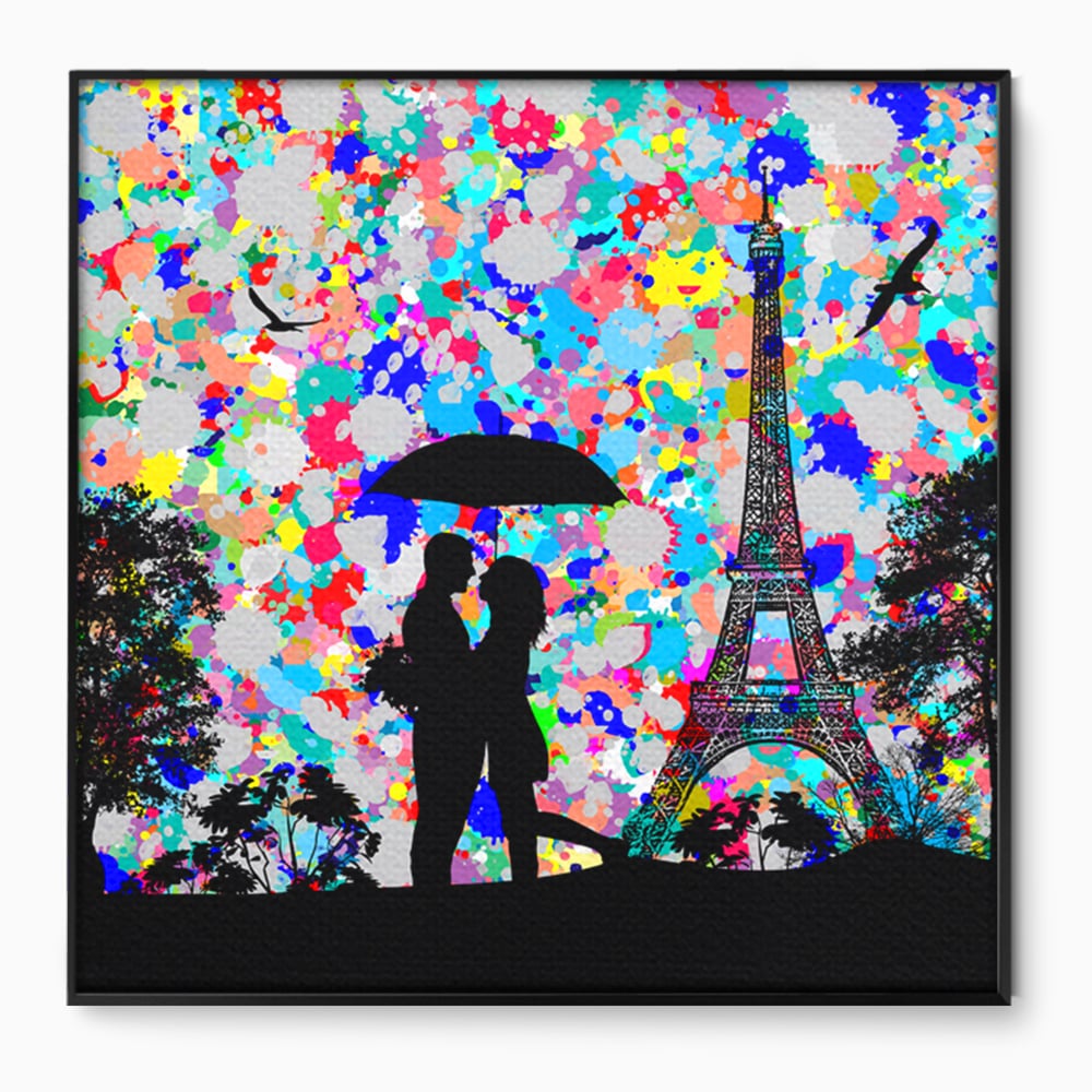 Tablou canvas cu tablou canvas cu indragostiti la paris, in rama de aluminiu negru