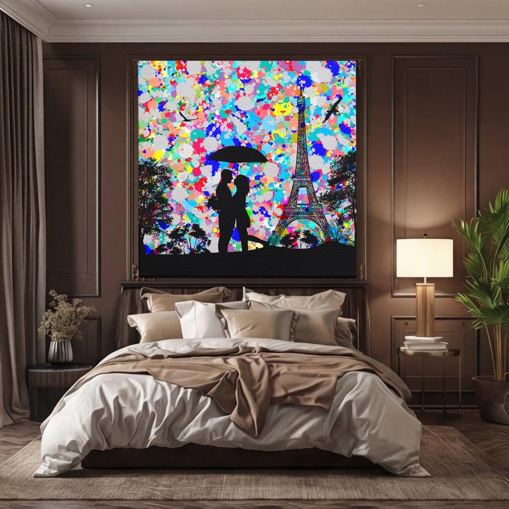 Tablou canvas cu tablou canvas cu indragostiti la paris, fara rama, pe sasiu de lemn, pe perete intr-un dormitor