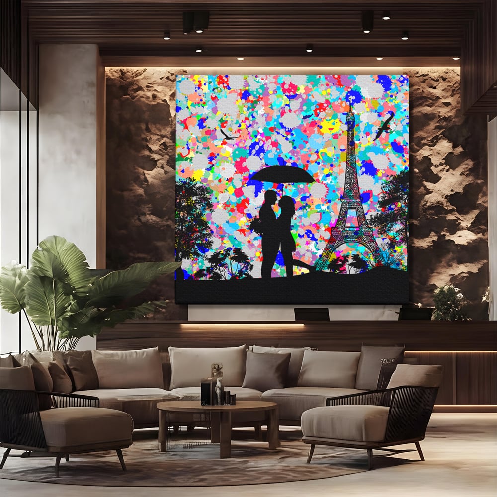 Tablou canvas cu tablou canvas cu indragostiti la paris, fara rama, pe sasiu de lemn, pe perete intr-un birou
