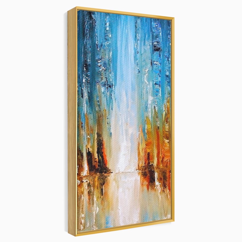 Tablou canvas cu pictura abstracta cu cascada albastra, in rama de aluminiu auriu