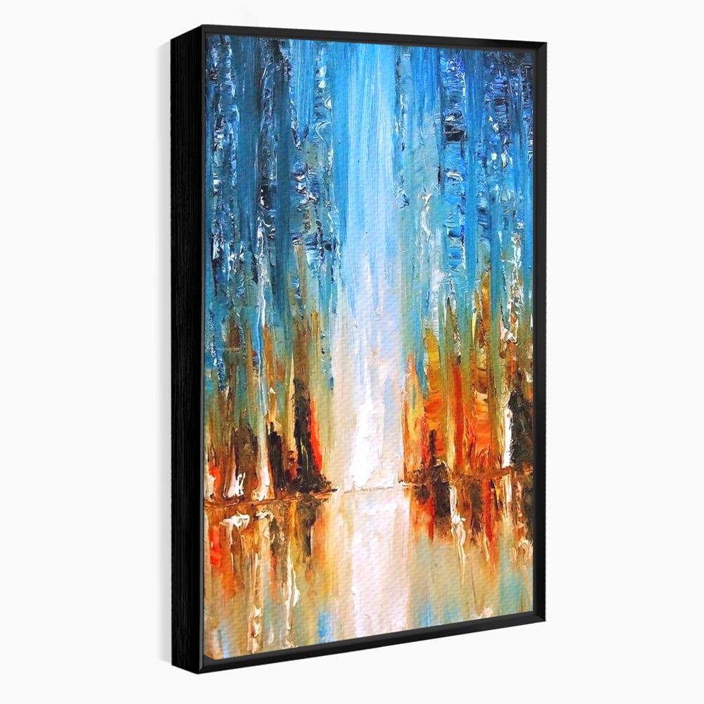 Tablou canvas cu pictura abstracta cu cascada albastra, in rama de aluminiu negru