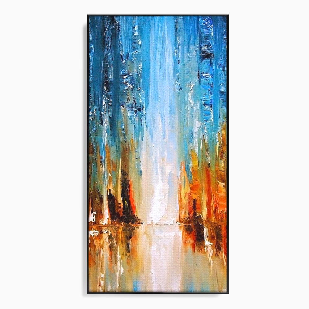 Tablou canvas cu pictura abstracta cu cascada albastra, in rama de aluminiu negru