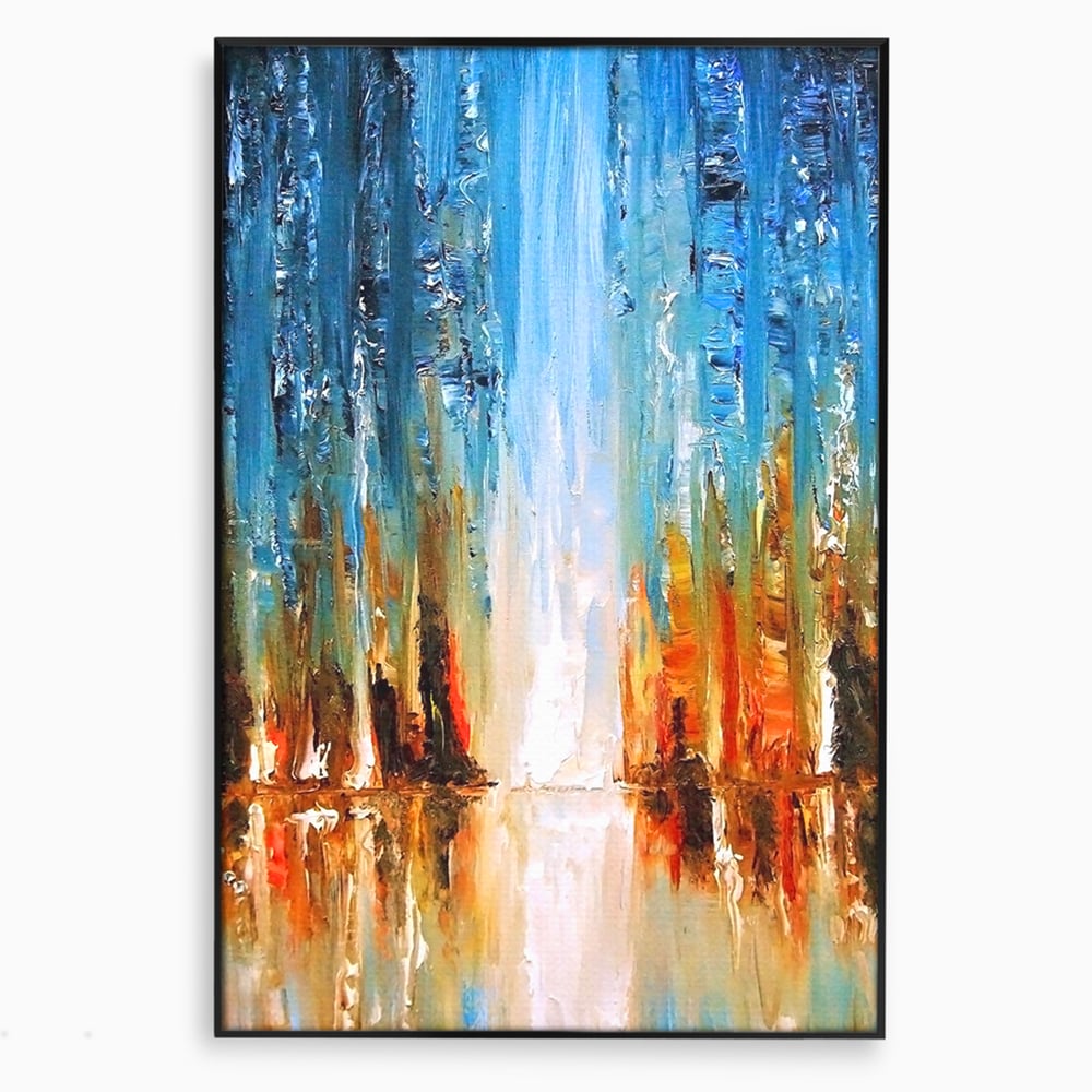 Tablou canvas cu pictura abstracta cu cascada albastra, in rama de aluminiu negru
