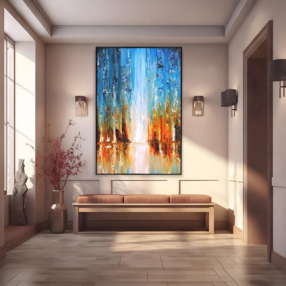 Tablou canvas cu pictura abstracta cu cascada albastra, in rama de aluminiu negru