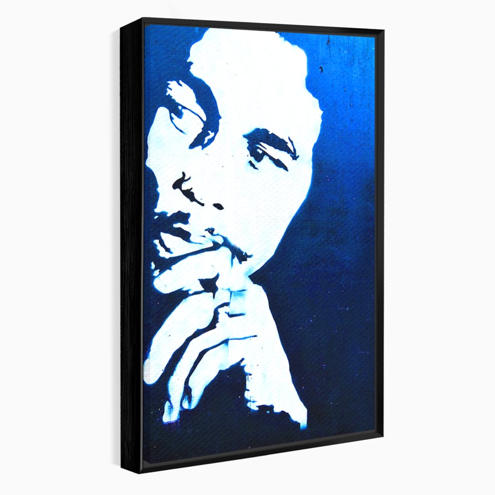 Tablou canvas cu tablou canvas cu portretul stilizat al lui bob marley, in rama de aluminiu negru