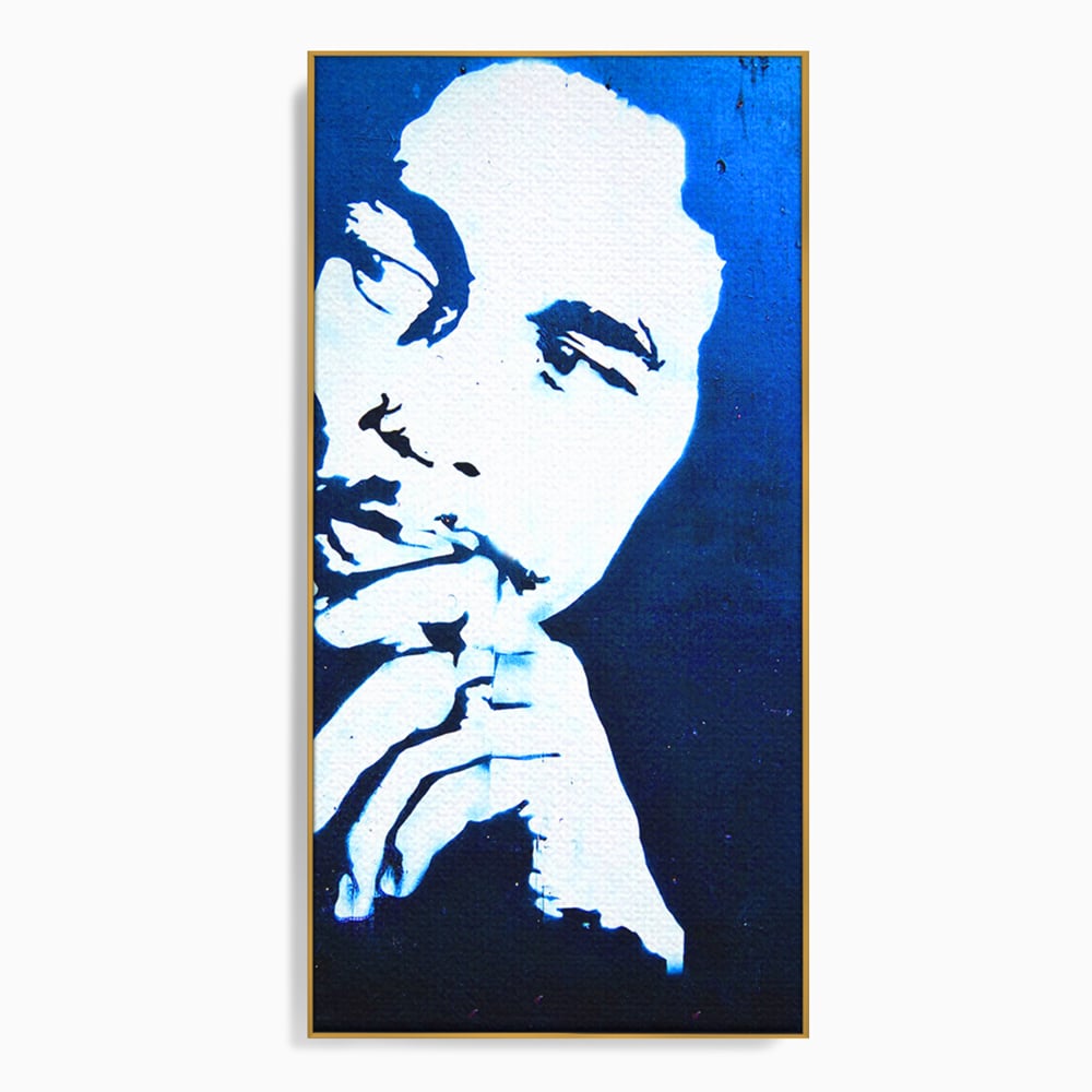 Tablou canvas cu tablou canvas cu portretul stilizat al lui bob marley, in rama de aluminiu auriu