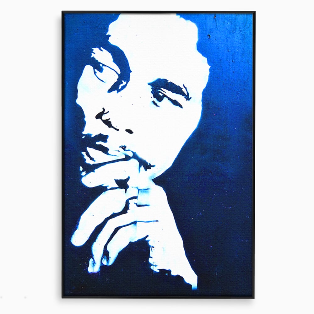 Tablou canvas cu tablou canvas cu portretul stilizat al lui bob marley, in rama de aluminiu negru