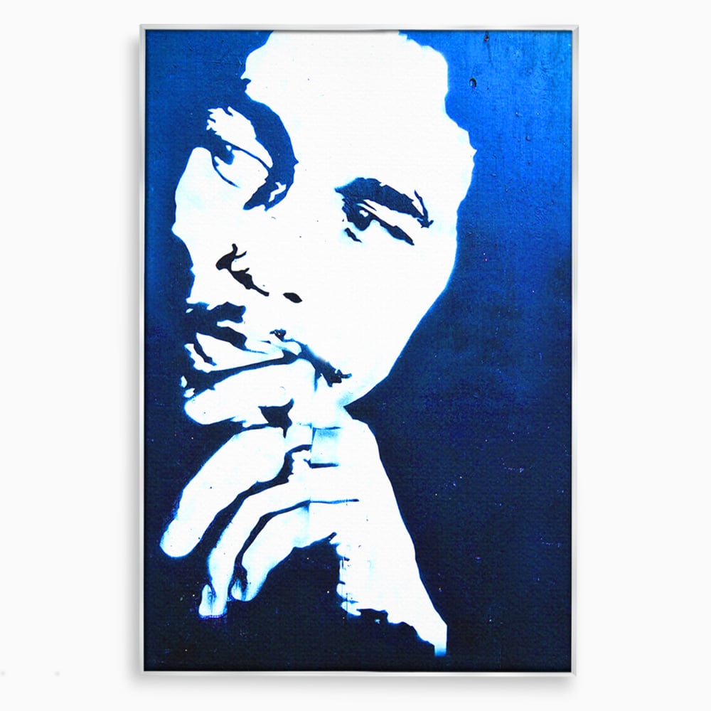Tablou canvas cu tablou canvas cu portretul stilizat al lui bob marley, in rama de aluminiu argintiu