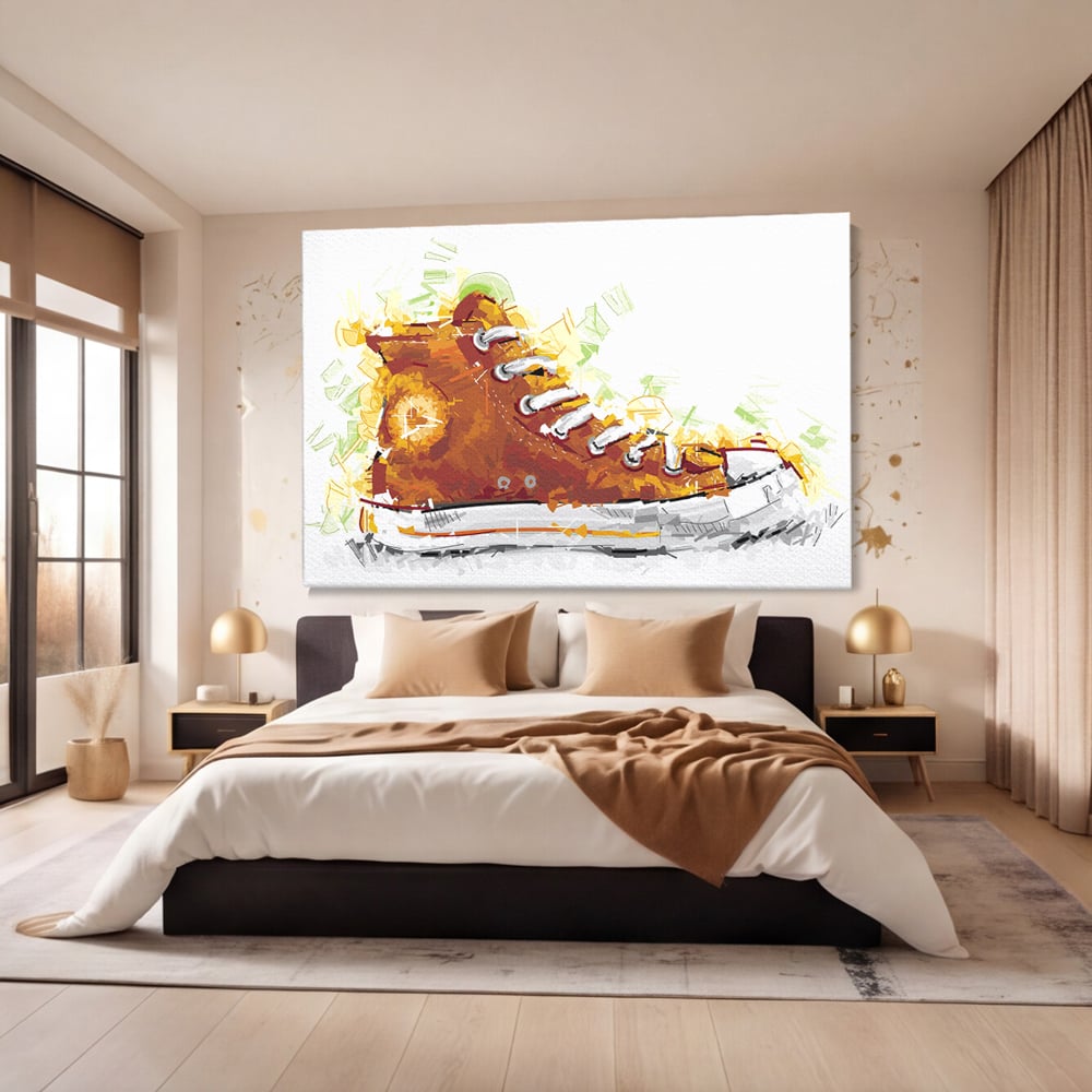 Tablou canvas cu tablou canvas cu tenisi portocalii, fara rama, pe sasiu de lemn, pe perete intr-un dormitor