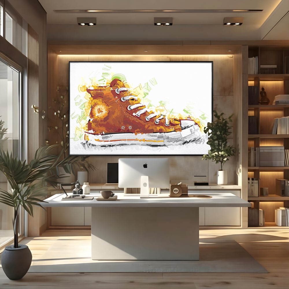 Tablou canvas cu tablou canvas cu tenisi portocalii, in rama de aluminiu negru, pe perete intr-un birou