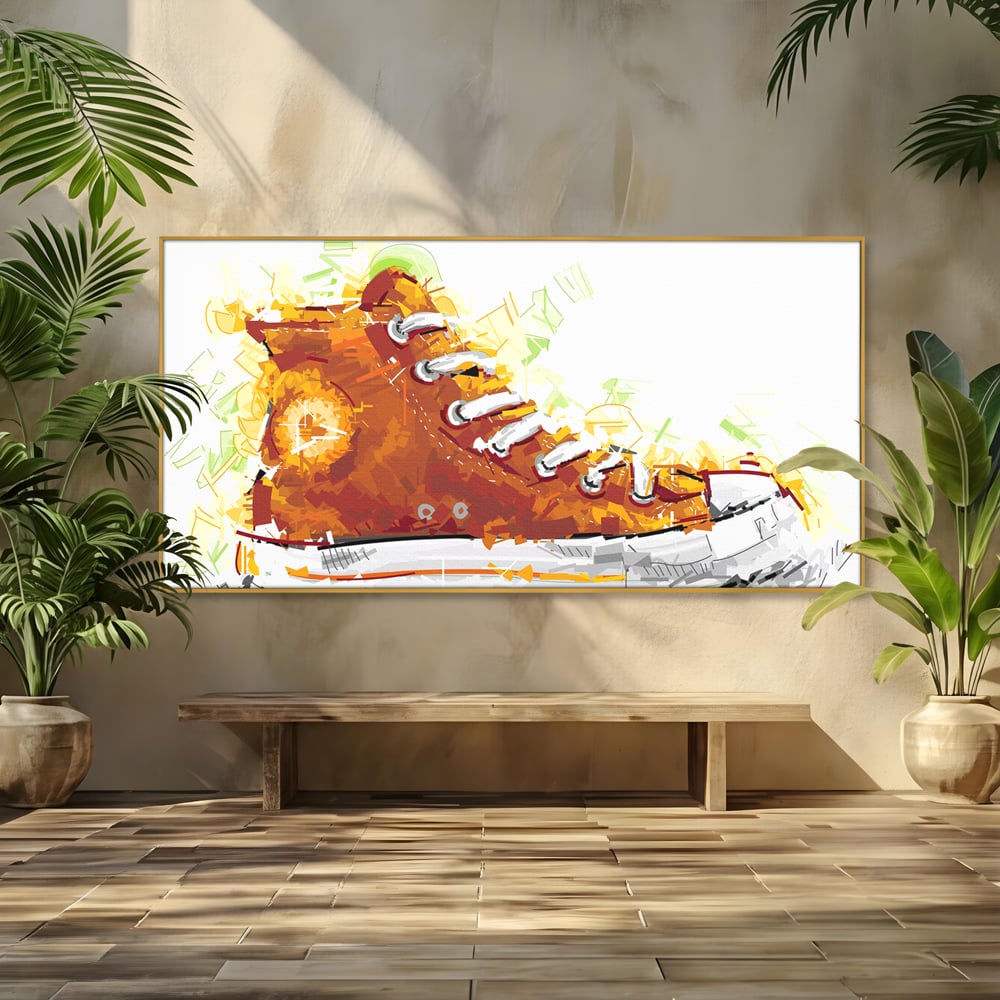 Tablou canvas cu tablou canvas cu tenisi portocalii, in rama de aluminiu auriu