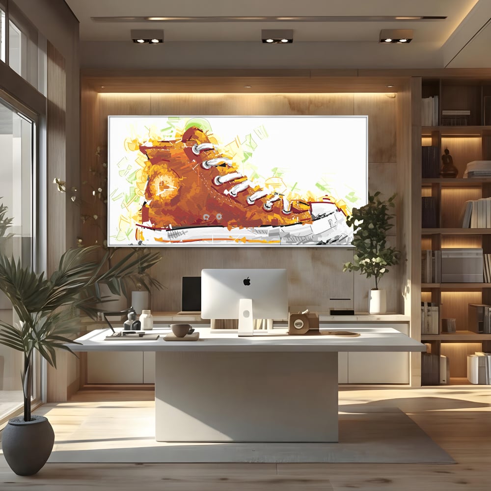 Tablou canvas cu tablou canvas cu tenisi portocalii, in rama de aluminiu argintiu, pe perete intr-un birou