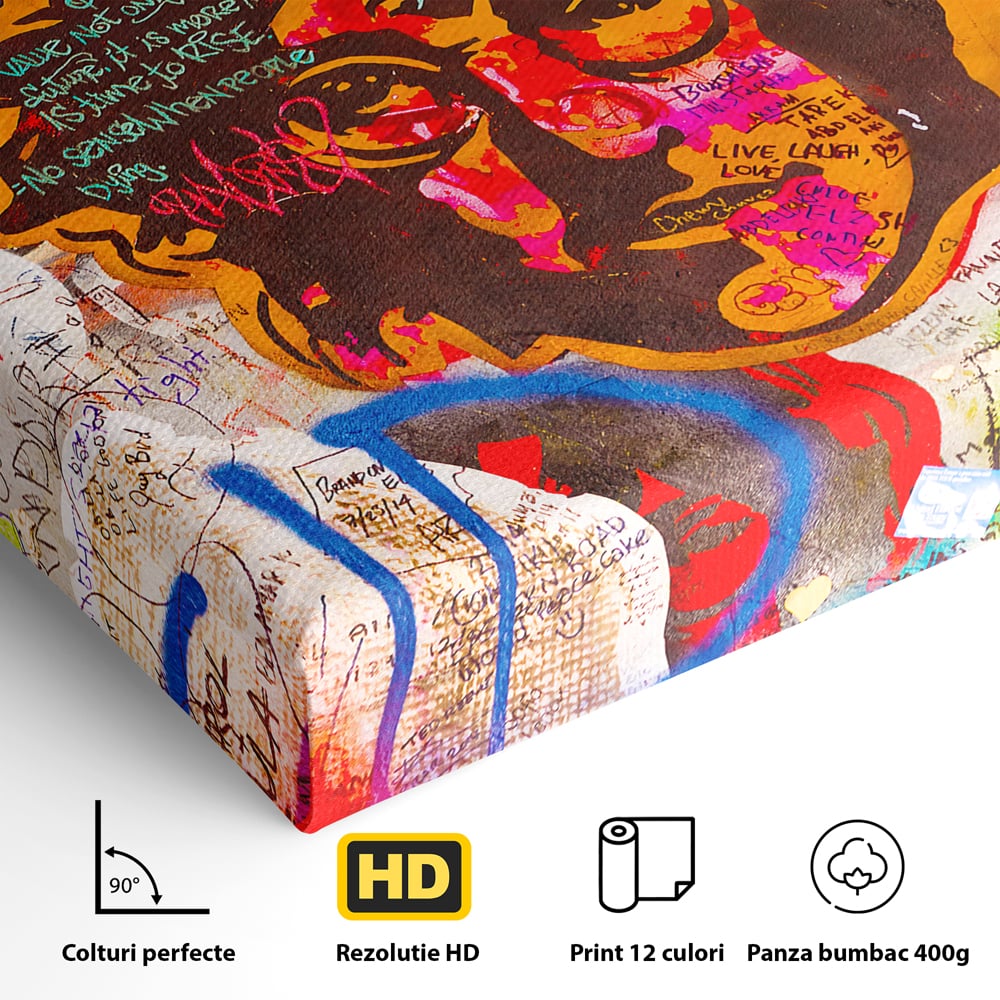 Detaliu al suprafetei: tablou canvas cu john lennon si graffiti, fara rama, pe sasiu de lemn
