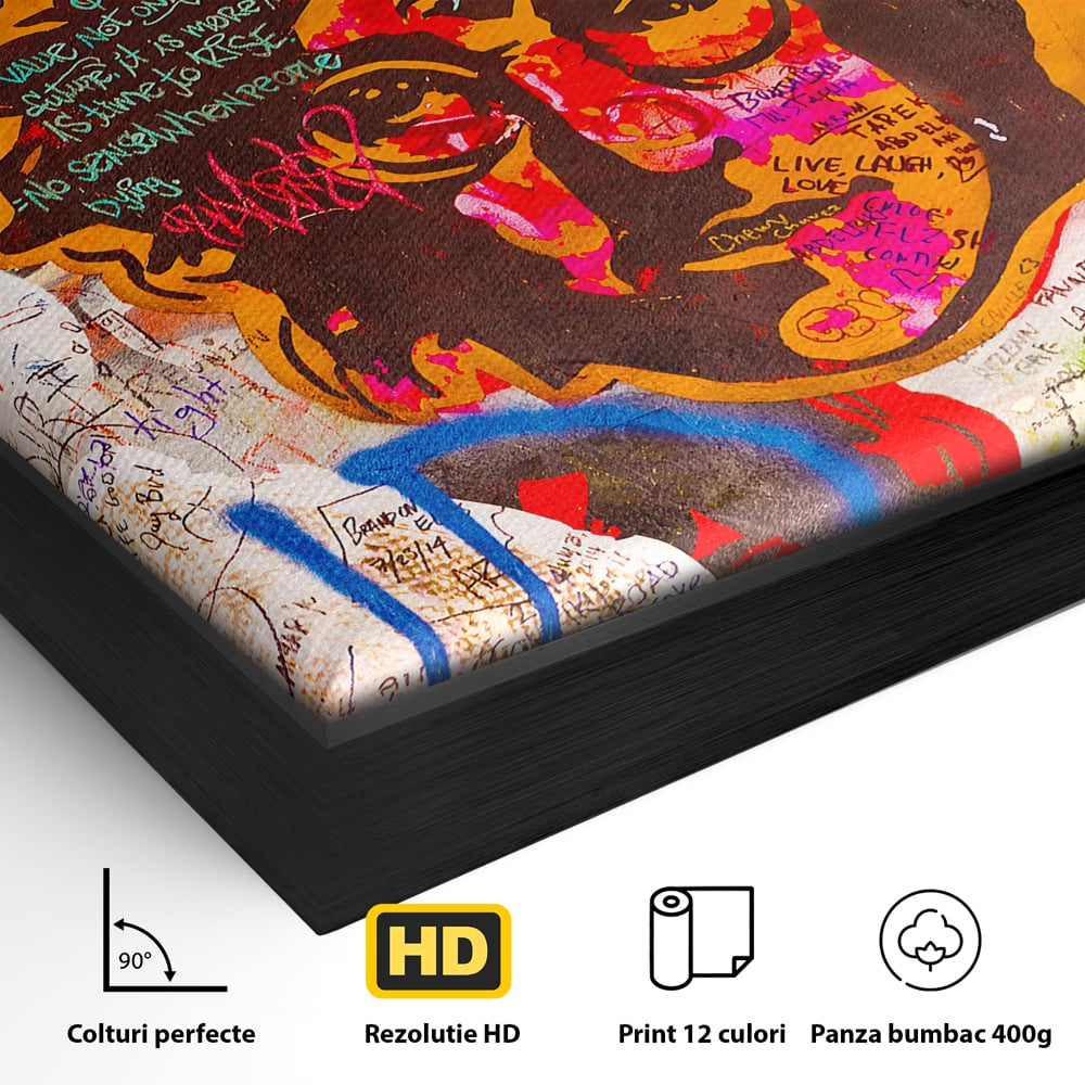 Detaliu al suprafetei: tablou canvas cu john lennon si graffiti, in rama de aluminiu negru