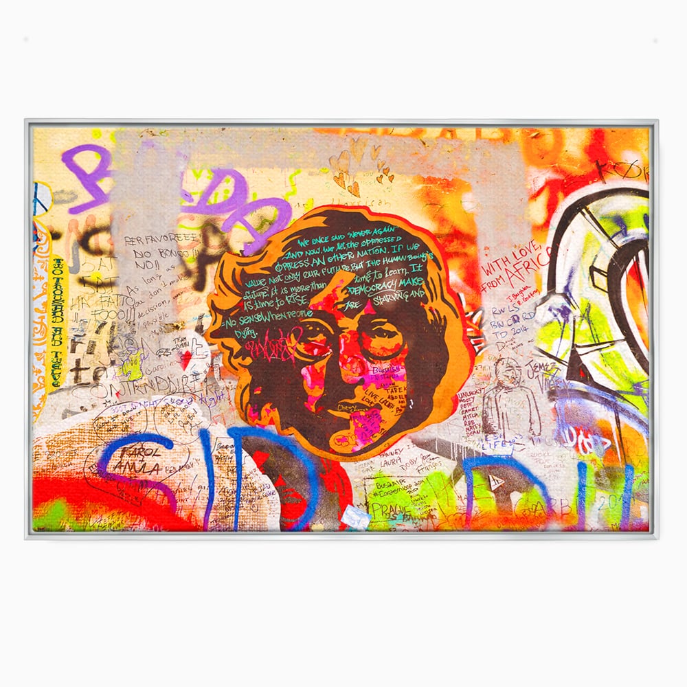 Tablou canvas cu tablou canvas cu john lennon si graffiti, in rama de aluminiu argintiu