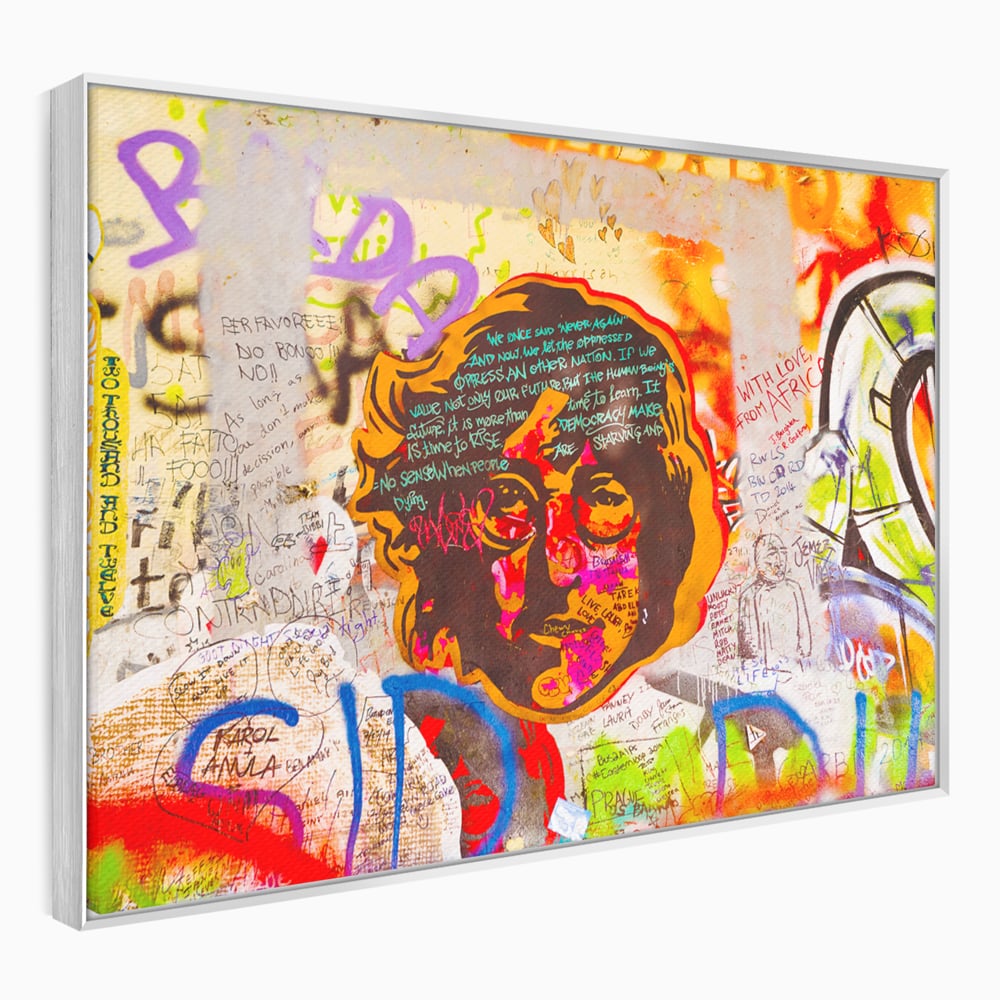 Tablou canvas cu tablou canvas cu john lennon si graffiti, in rama de aluminiu argintiu