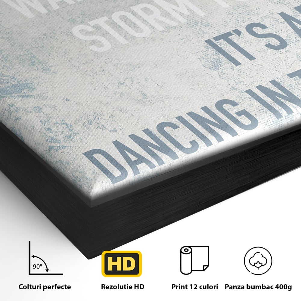 Detaliu al suprafetei: tablou canvas cu mesaj motivational albastru, in rama de aluminiu negru
