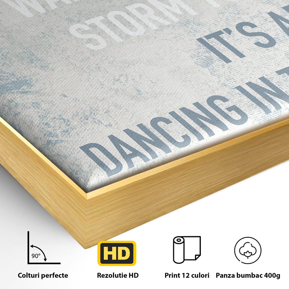 Detaliu al suprafetei: tablou canvas cu mesaj motivational albastru, in rama de aluminiu auriu