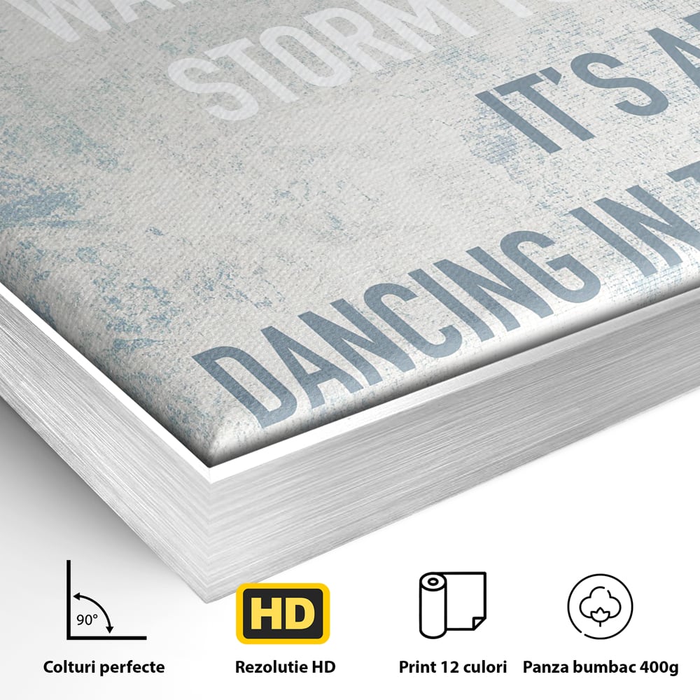 Detaliu al suprafetei: tablou canvas cu mesaj motivational albastru, in rama de aluminiu argintiu