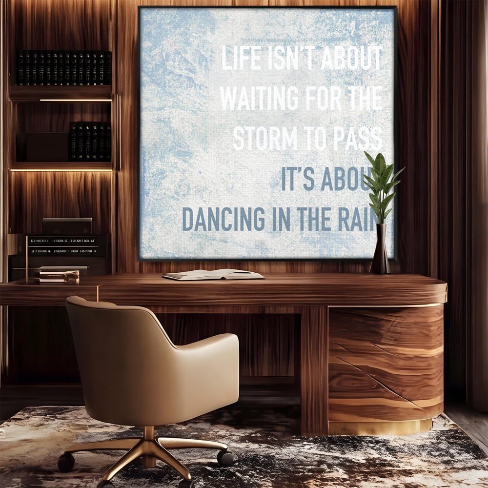 Tablou canvas cu tablou canvas cu mesaj motivational albastru, in rama de aluminiu negru, pe perete intr-un birou
