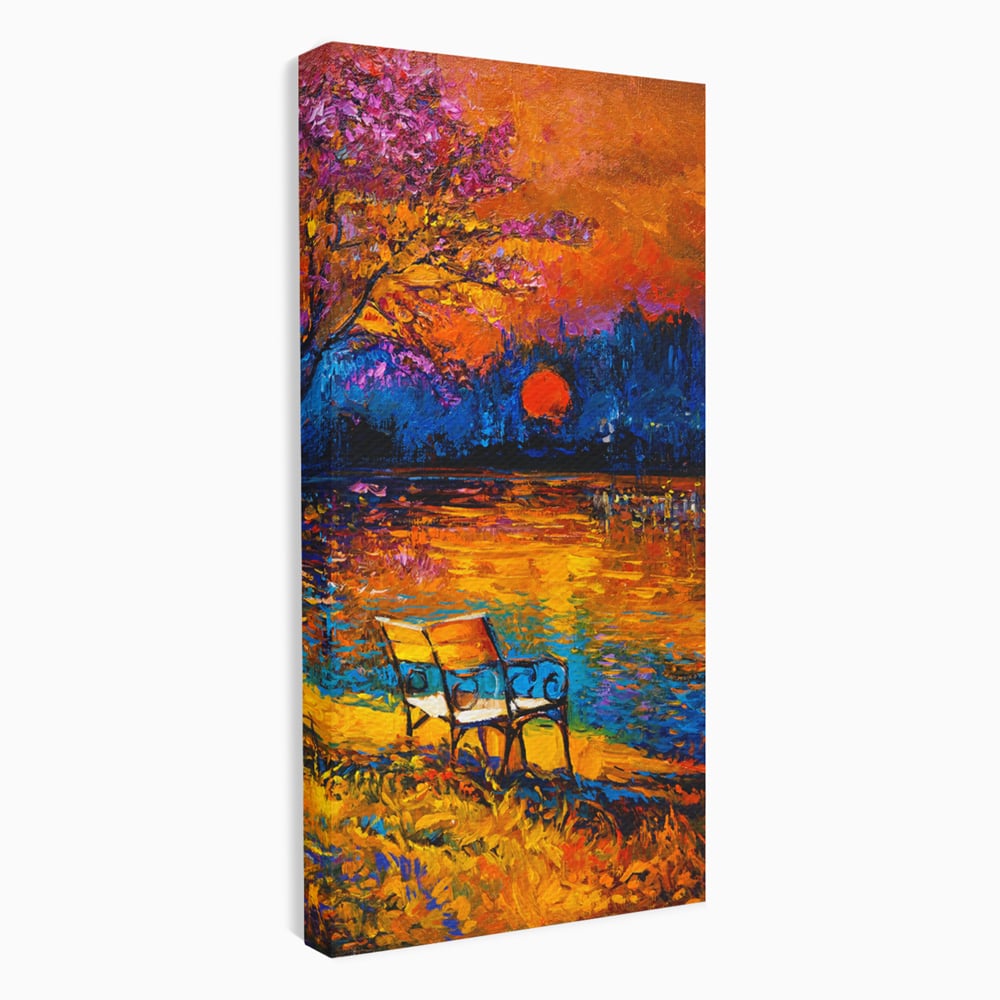 Tablou canvas cu tablou canvas cu banca pe malul lacului la apus, fara rama, pe sasiu de lemn