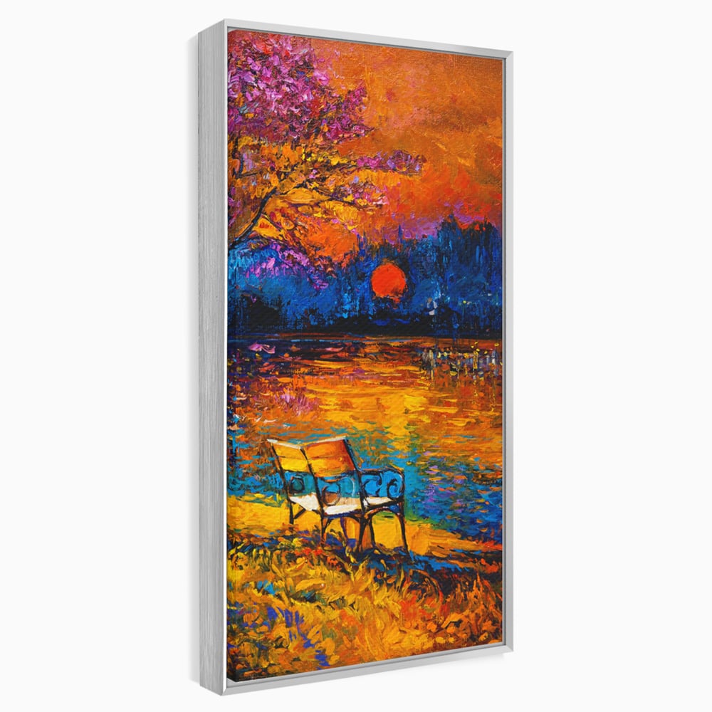 Tablou canvas cu tablou canvas cu banca pe malul lacului la apus, in rama de aluminiu argintiu