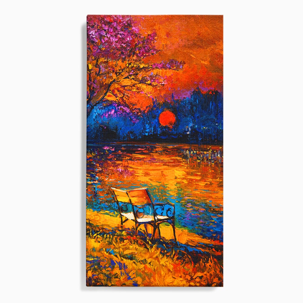 Tablou canvas cu tablou canvas cu banca pe malul lacului la apus, fara rama, pe sasiu de lemn