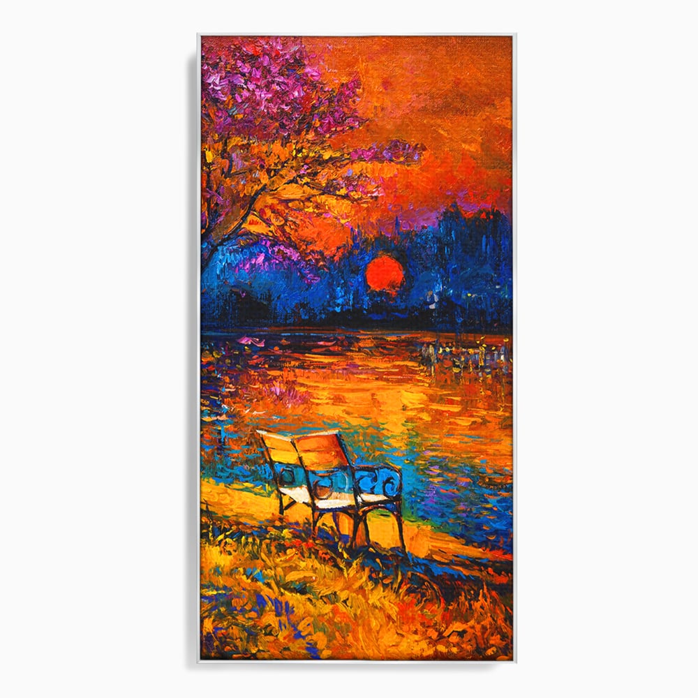 Tablou canvas cu tablou canvas cu banca pe malul lacului la apus, in rama de aluminiu argintiu