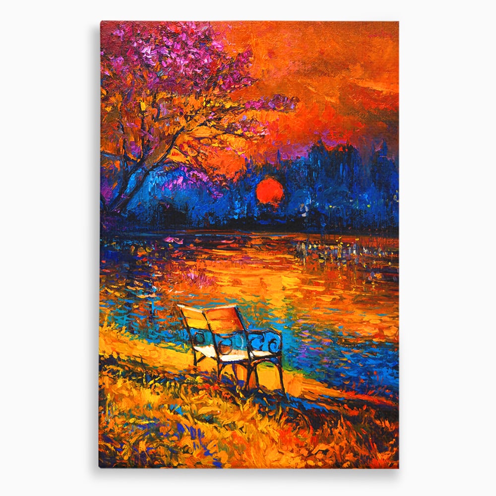 Tablou canvas cu tablou canvas cu banca pe malul lacului la apus, fara rama, pe sasiu de lemn