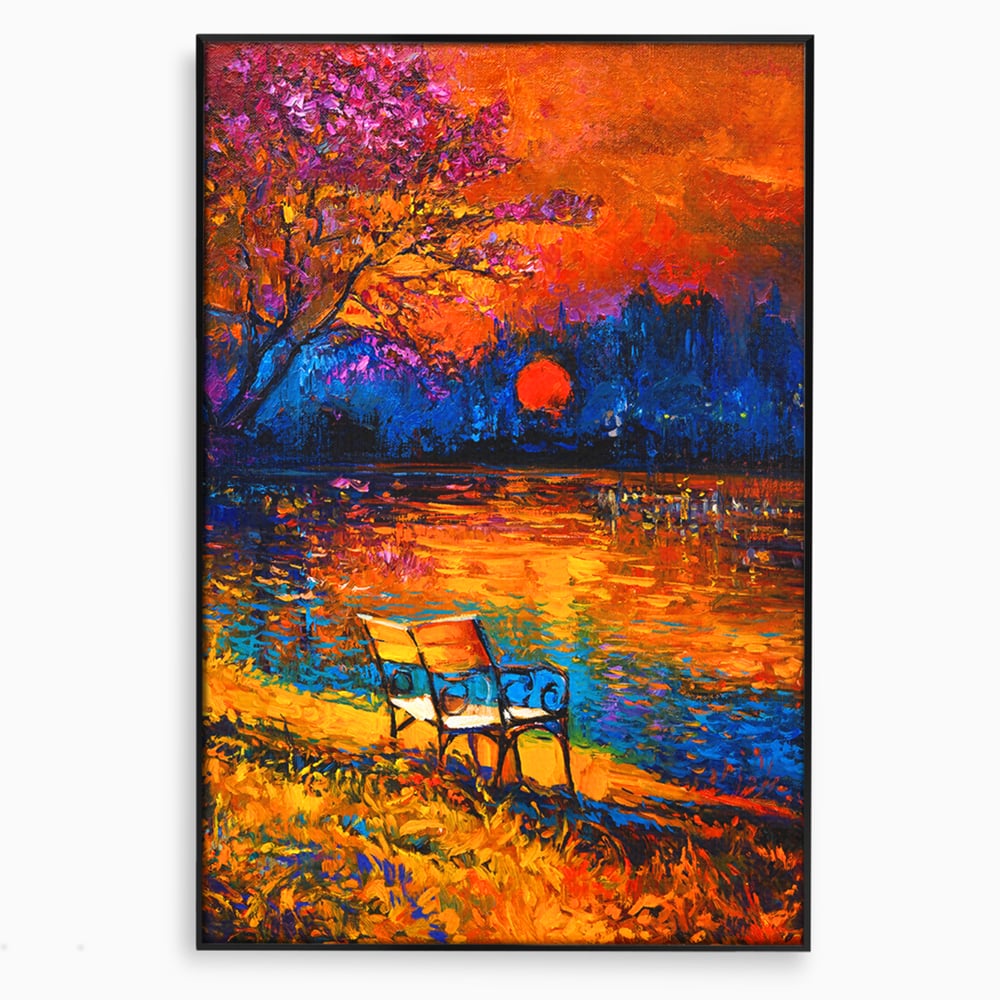 Tablou canvas cu tablou canvas cu banca pe malul lacului la apus, in rama de aluminiu negru