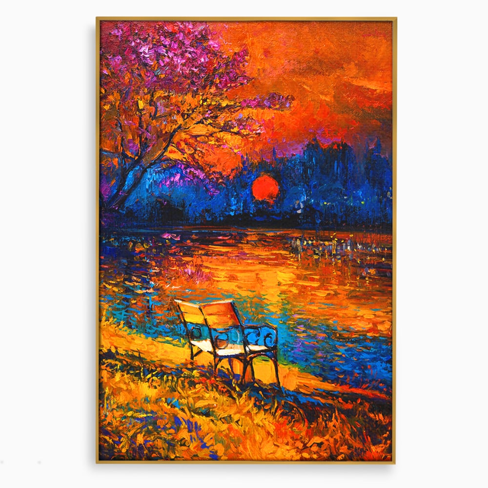 Tablou canvas cu tablou canvas cu banca pe malul lacului la apus, in rama de aluminiu auriu
