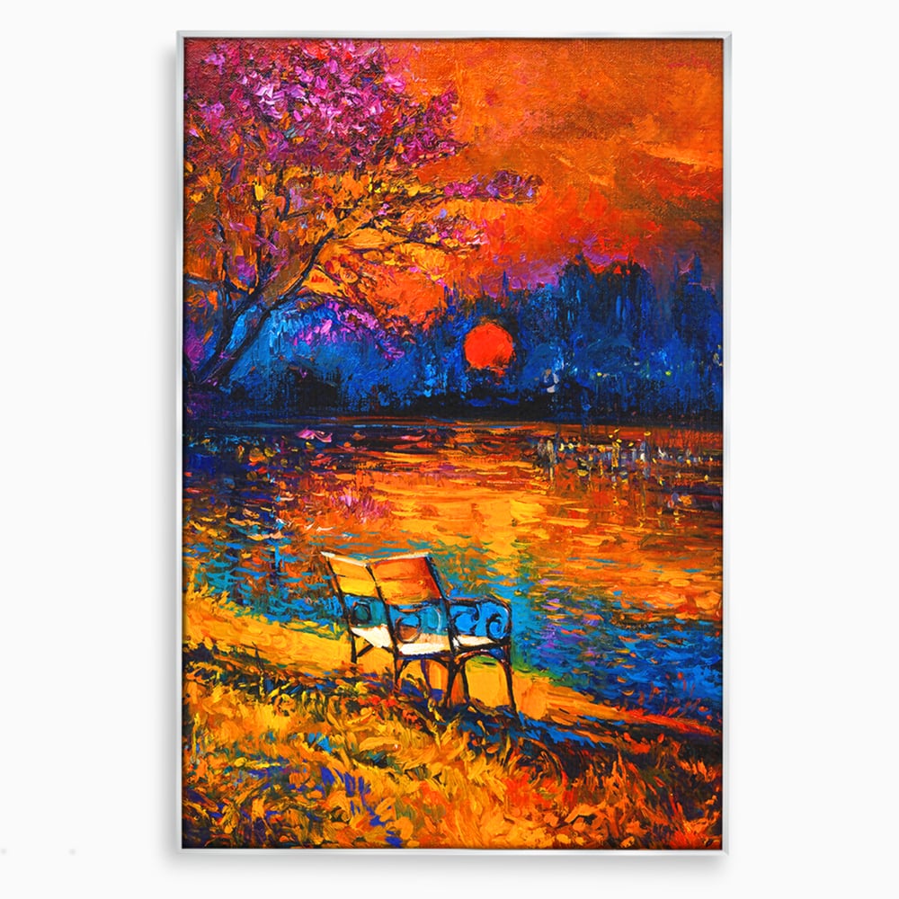 Tablou canvas cu tablou canvas cu banca pe malul lacului la apus, in rama de aluminiu argintiu