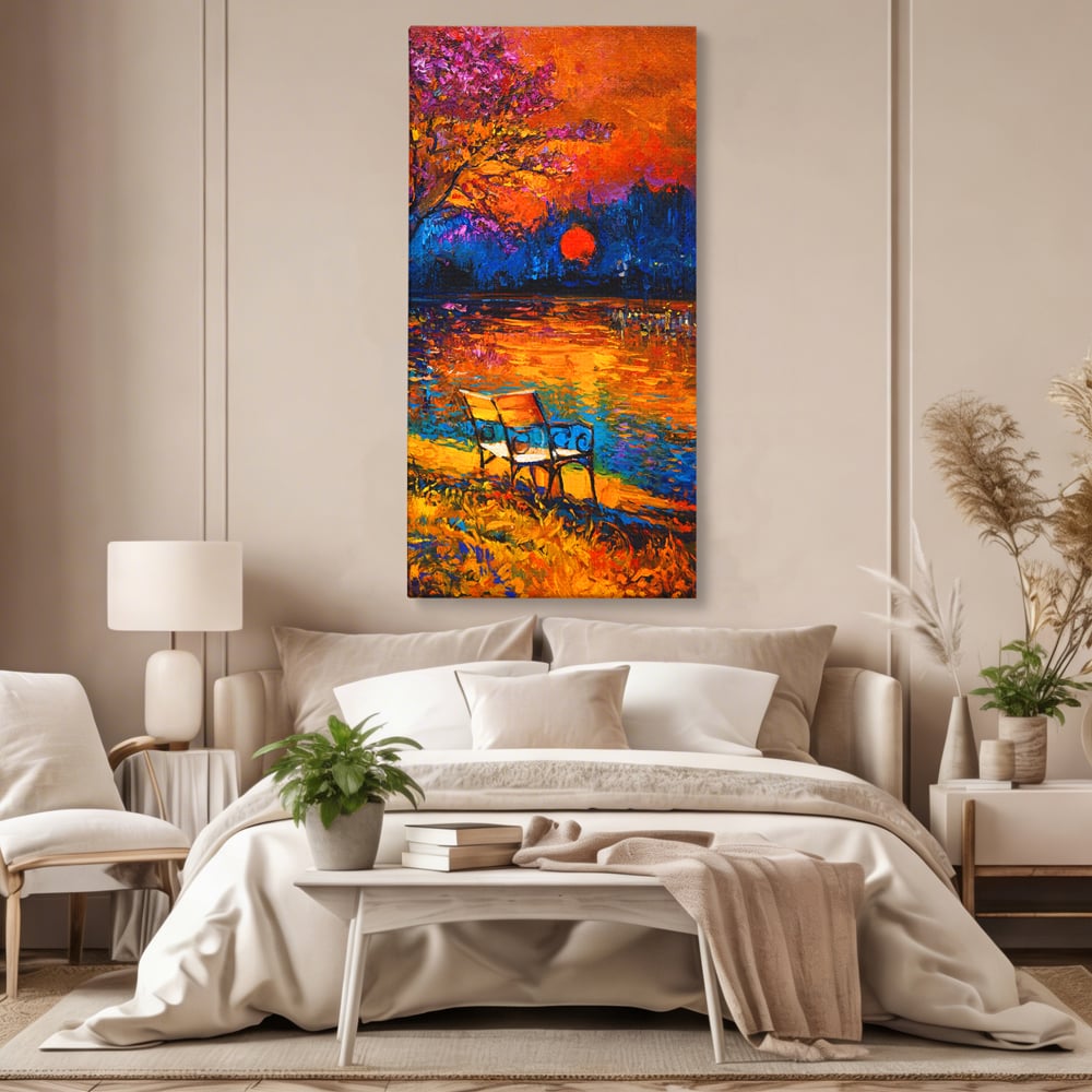 Tablou canvas cu tablou canvas cu banca pe malul lacului la apus, fara rama, pe sasiu de lemn, pe perete intr-un dormitor
