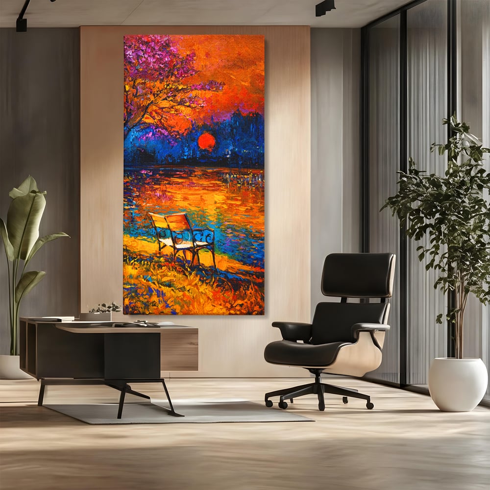 Tablou canvas cu tablou canvas cu banca pe malul lacului la apus, fara rama, pe sasiu de lemn, pe perete intr-un birou