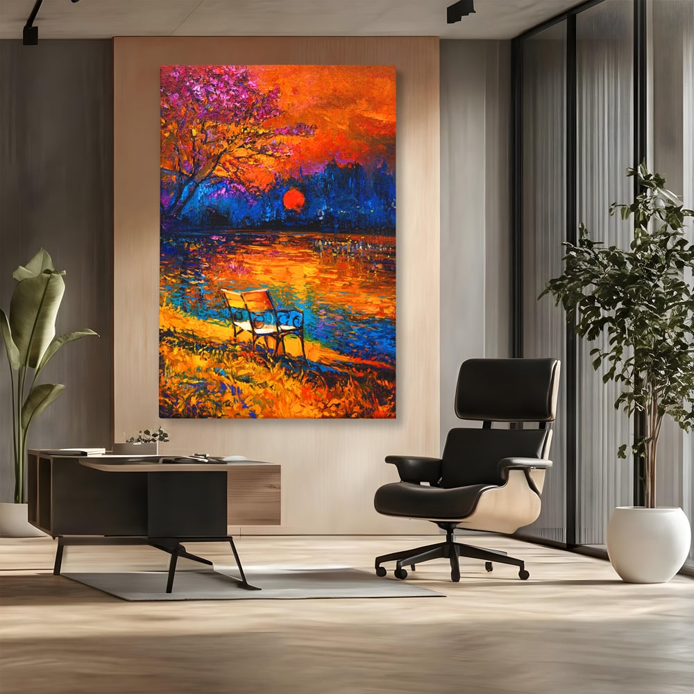 Tablou canvas cu tablou canvas cu banca pe malul lacului la apus, fara rama, pe sasiu de lemn, pe perete intr-un birou