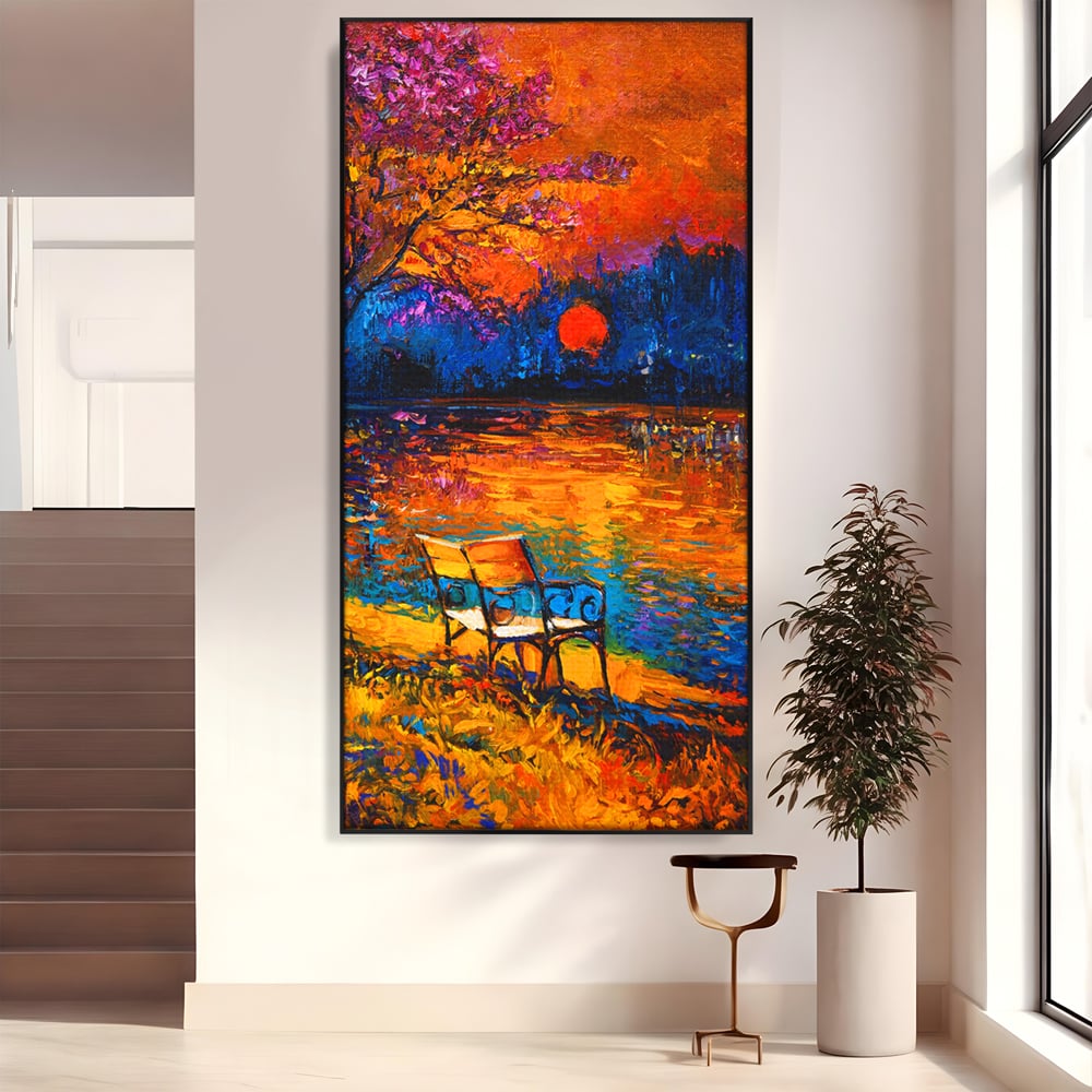 Tablou canvas cu tablou canvas cu banca pe malul lacului la apus, in rama de aluminiu negru