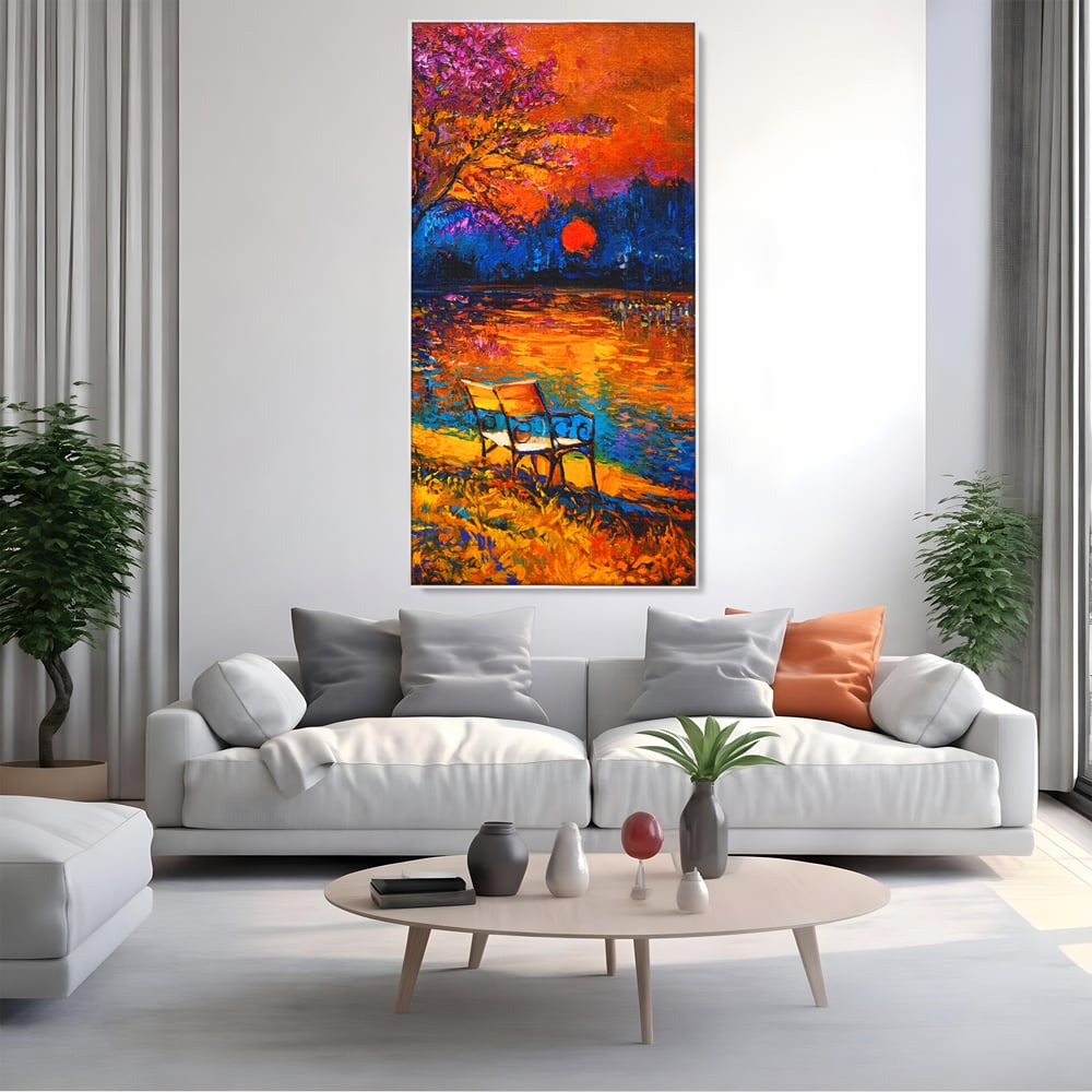 Tablou canvas cu tablou canvas cu banca pe malul lacului la apus, in rama de aluminiu argintiu, pe perete intr-un living